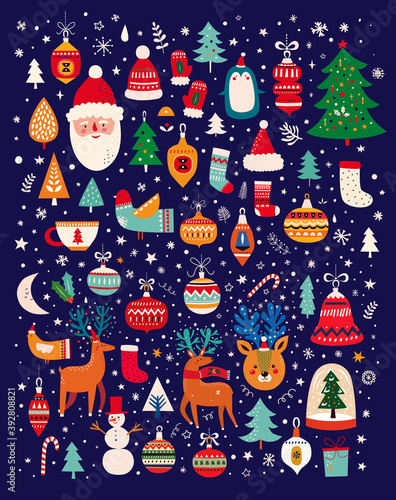 Christmas decorative banner with funny Santa Claus, Christmas toys, Christmas tree and holiday elements. Christmas pattern
