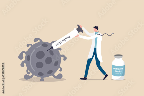 COVID-19 vaccine discovered and test, result of Coronavirus vaccination research concept, doctor or medical staff using syringe to injecting vaccine into COVID-19 pathogen and successfully kill it.