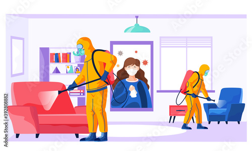 Men from pest control or sanitary service doing disinfection in office to kill viruses and bacteria flat vector illustration. Male character in a protective suit sprays a room with disinfectant solute