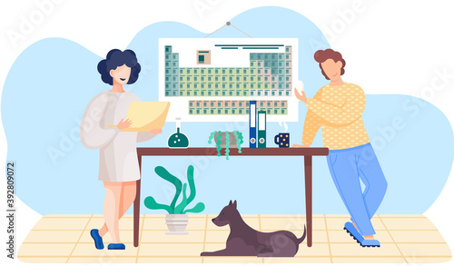 Girl is working on laptop. Man standing with cards in his hands. Periodic table on the wall. The dog lies under the table. Colleagues communicate in the laboratory. Study of chemistry in the lab