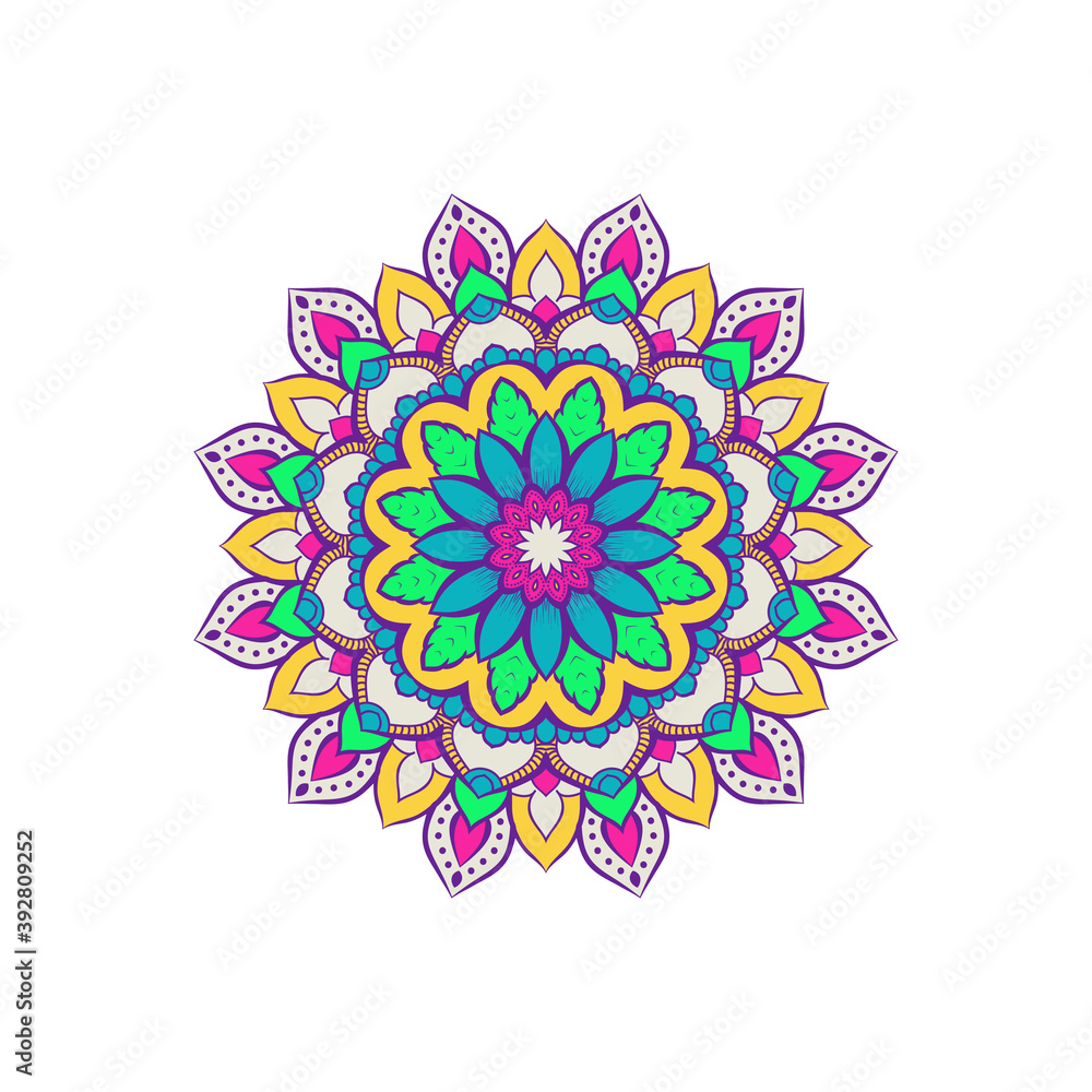 Colorful floral mandala background. Vector hand drawn doodle art. Decorative flower. Coloring book page.