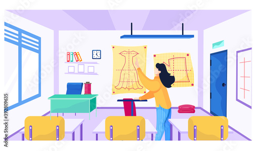 Female teacher explains a new topic. Drawing and pattern building lesson at school for seamstresses. An educational institution. Class in creating clothes. Pattern drawn on the school yellow board