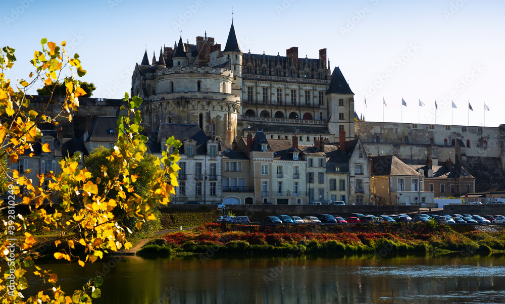 View of gorgeous medieval castle Chateau in Amboise on river Loire, France