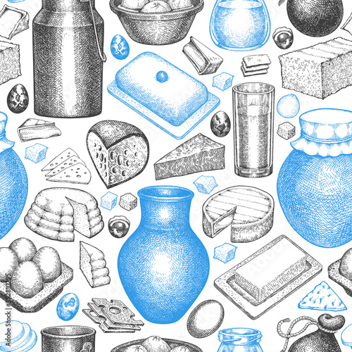 Farm food seamless pattern. Hand drawn vector dairy illustration. Engraved style different milk products and eggs banner. Retro food background.