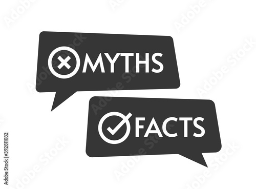 Myths against facts icon vector black and white speech bubbles, concept of true or false information, fake or truth competition idea messages modern design illustration