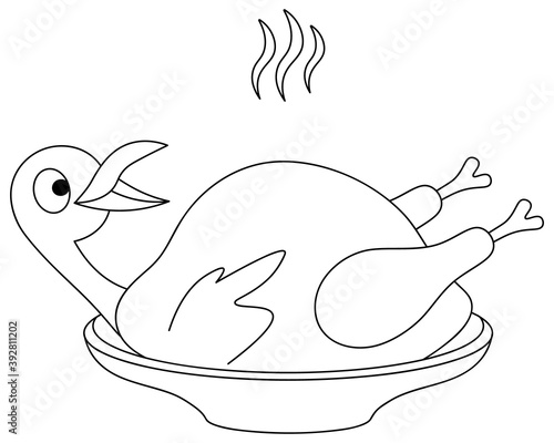 Roasted turkey. Poultry carcass with head on a plate. Fragrant smoke. Vector illustration. Outline on an isolated white background. Doodle style. Sketch. Thanksgiving day symbol. Appetizing duck. 