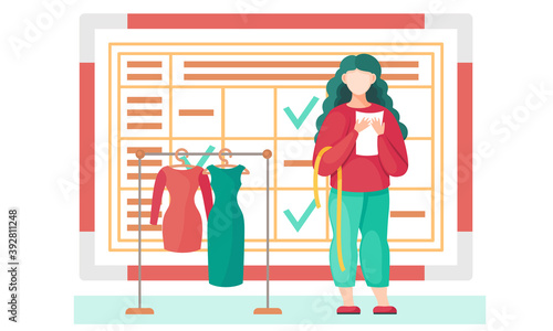 Sewing with designer or seamstress working with red dress pattern. Unfinished dresses model at mannequin. A girl holds a sheet of paper in her hands, makes measurements and makes a dress at home