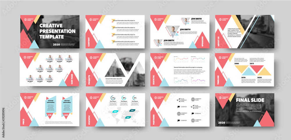 Creative presentation template with red triangles, corporate identity design for business, lefllet for annual report, statistics, analytical data.