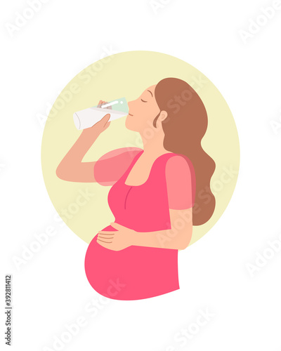 Pregnant woman drinking a glass of woman. Pregnancy clip art. Flat vector isolated.