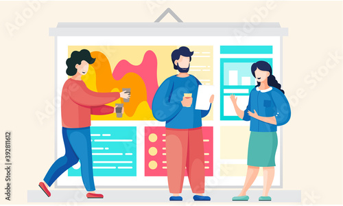 Guys and a girl communicate during a break in the creative studio. Office staff working day. Business workflow management. People spend time together. Men drink coffee and discuss with a woman