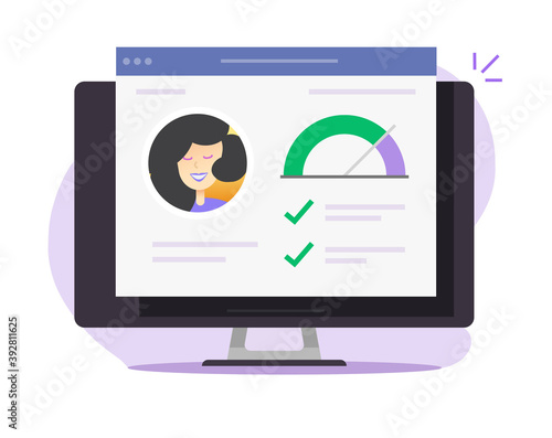 Personal skills data info, credit score history idea check online, financial rating inspection report web digital review on computer pc flat cartoon illustration
