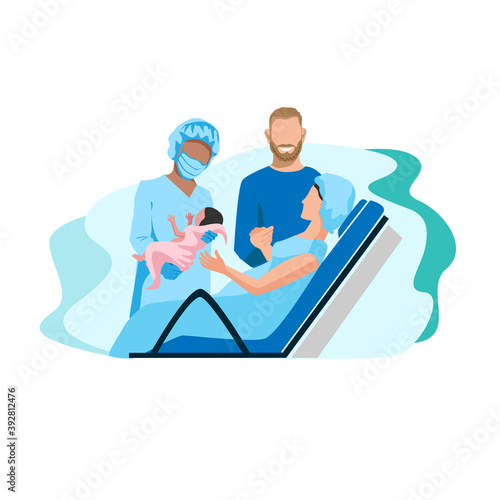 A pregnant woman gives birth to a baby in the hospital. Partner childbirth. Thanks to the doctors and nurses. Vector illustration isolated on white background.