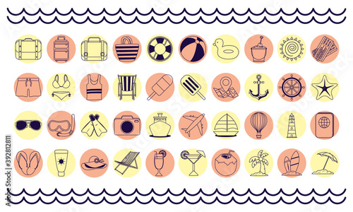 bundle of fourty summer vacations line style set icons