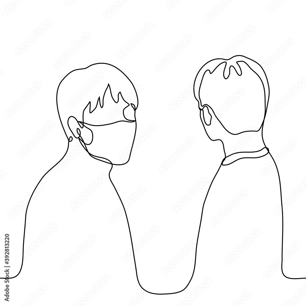 two men stand side by side but look in opposite directions, one stands with his back to the viewer, the second looks at the viewer, both wearing masks. one line drawing two men stand side by side but look in opposite directions, one stands with his back to the viewer, the second looks at the viewer, both wearing masks. one line drawing