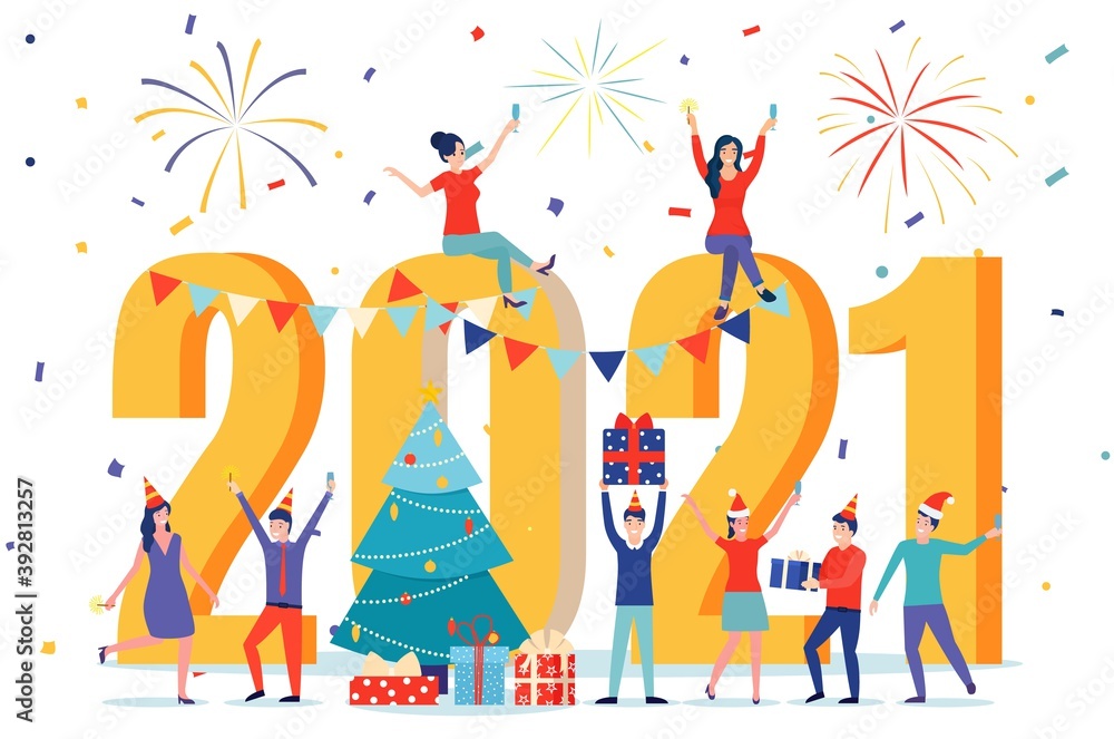 2021 Happy New Year business card. Happy people in santa hat toasting champagne with confetti. Vector illustration in flat style