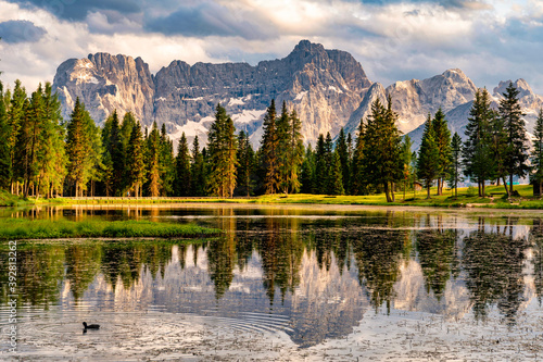 Fototapeta Naklejka Na Ścianę i Meble -  Landscape, Mountain and reflection near Antorno Lake, Dolomites Alps