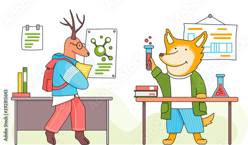 Funny cartoon animal student. A fox schoolboy with test tube in hands in chemistry class. Smart active pupil is making experiments in a chemistry lab. Deer with a backpack comes to classroom