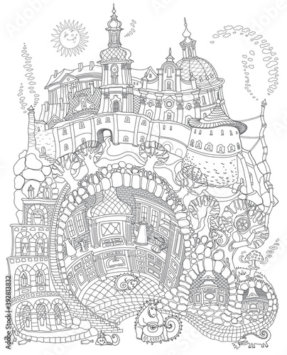 Vector contour thin line illustration. Fairy tale underground Dragon beast family street food cafe in the old medieval cave Kitchen. Black and white sketch. Adults coloring book page, tee shirt print