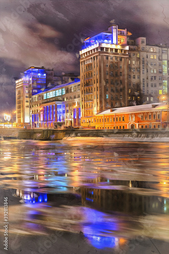 Beautiful view of Moskva river embankment at night colorful painting looks like picture