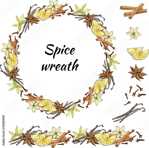 Set anise, cinnamon, vanilla and lemon, a wreath of spices for tea, coffee and mulled wine, cut out on a white background. Vector illustration.