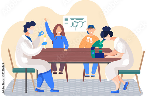 Children sitting and playing cards together. Chemical research in lab. Guy drips from pipette into a test tube. Woman working with the equipment on the table. Scientist looking through a microscope