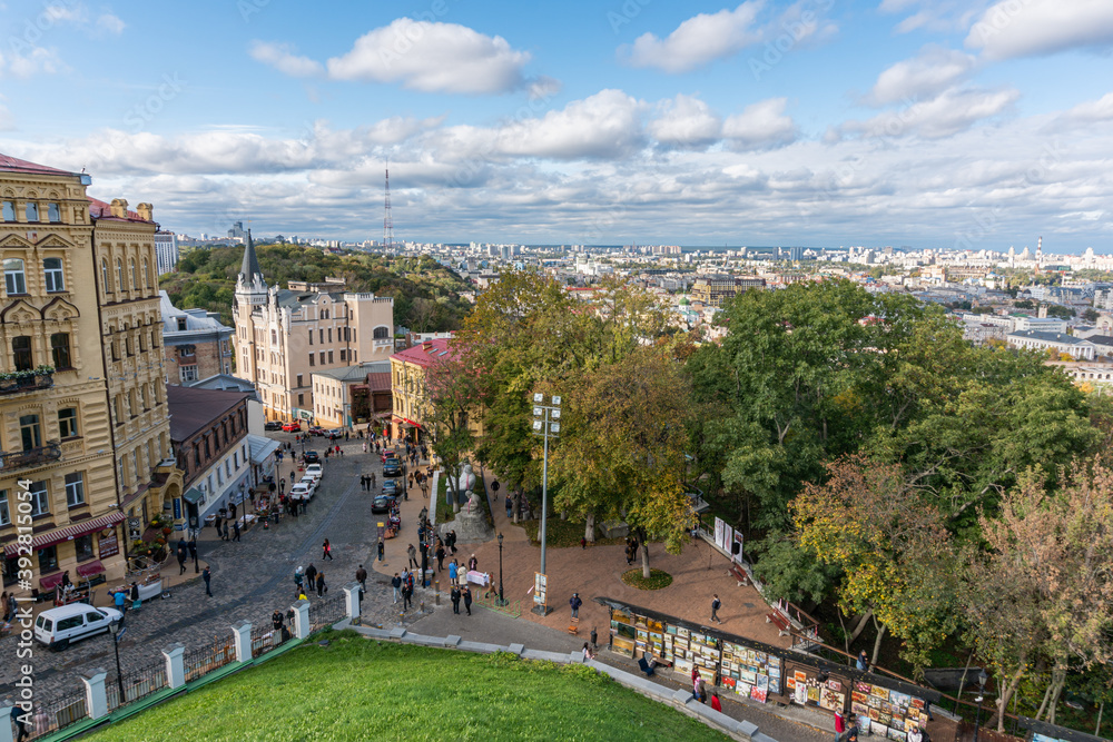 Kyiv (Kiev), Ukraine - October 8, 2020: Landmark of Kyiv, residential buildings, ancient and tourist region Podil (Podol) with modern and old prerevolutionary buildings and different atchitecture
