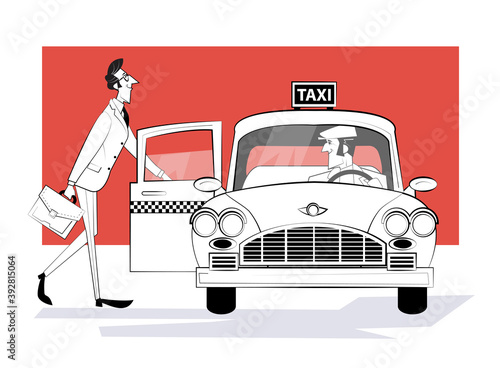 Ordering taxi car. Man gets into a retro taxi car. Businessman rushing to meeting. Vector illustration. Retro illustration in sketch style.