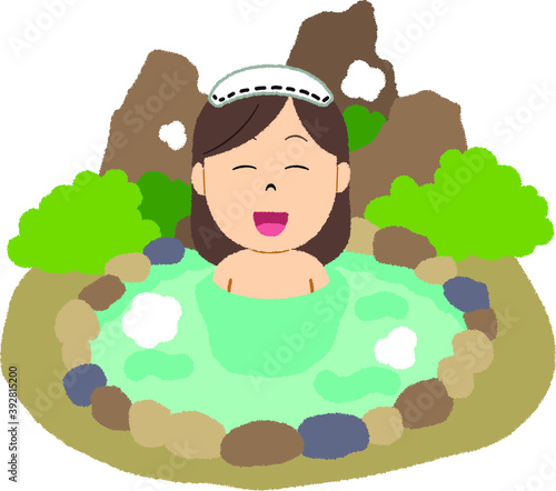 観光地の露天風呂に入る女性のイラスト