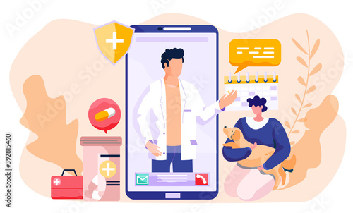 Veterinary doctor appointment. Online consultation with medic. Modern healthcare technologies, mobile medical application. Animal hospital. Female patient sitting and holding a dog in her hands