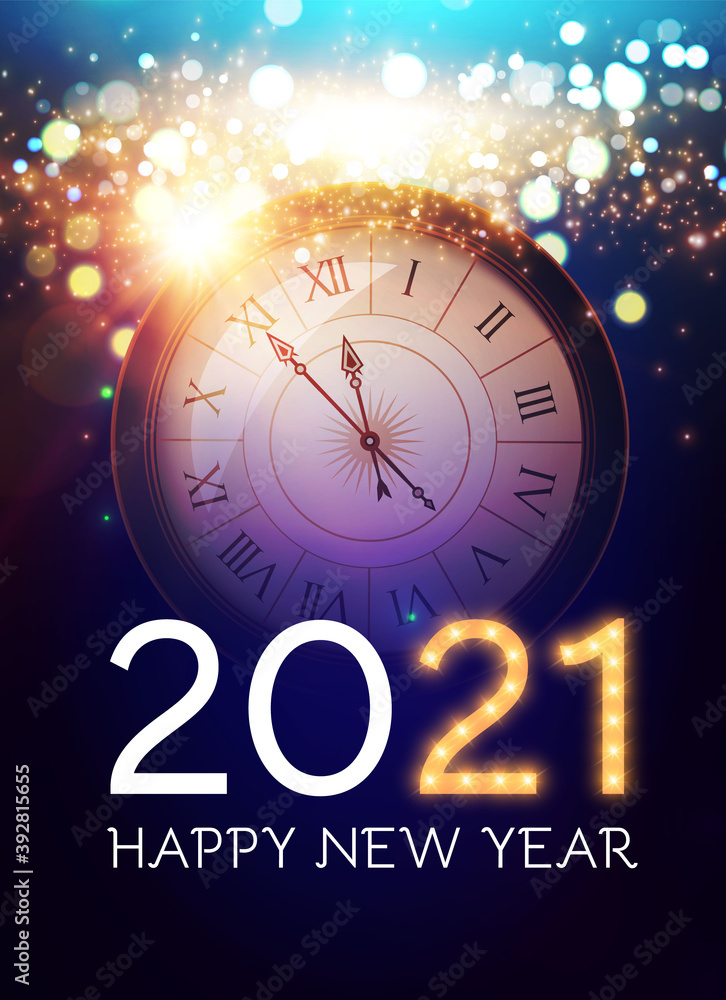 Fototapeta premium Happy New 2021 Year Background with Clock, Snowflakes and Bokeh Effect