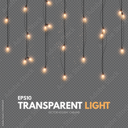 Light garland on transparent background. Shining Christmas lights