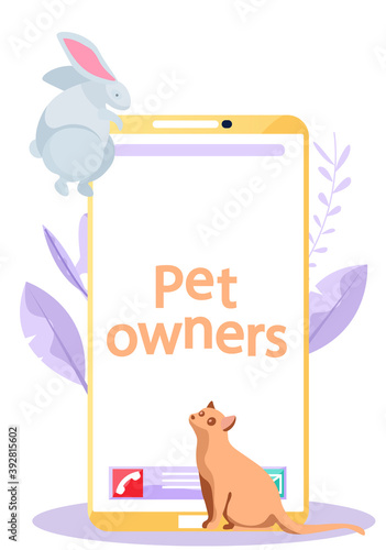 Mobile phone application for pet owners to socialize get information and share photos of cats rabbits or other animals. Modern app for smartphone to find an owner for homeless kittens at the shelter