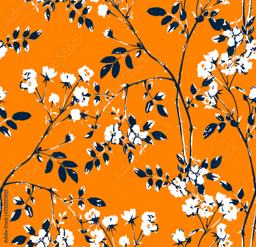 Abstract Small Roses Leaves and Branches Minimal Seamless Pattern Design Trendy Colors