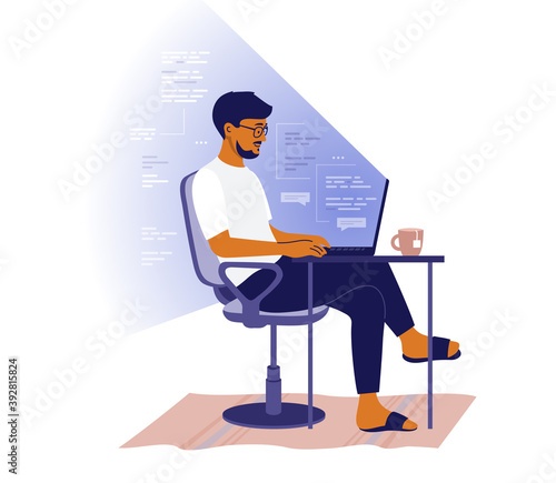 Backend or frontend developer coding and chatting by laptop. Man sitting at table and working online. Home office of programmer. Guy freelancer and program code in light of screen. Vector illustration