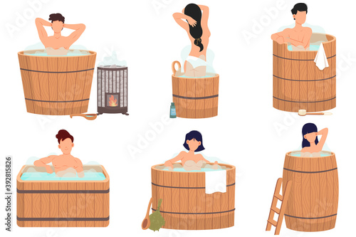 Bath, sauna and spa procedures. People in banya. Relaxation body care and therapy, aromatherapy and wellness. Hygiene and regeneration with warm water. Men and women taking bath, washing their bodies