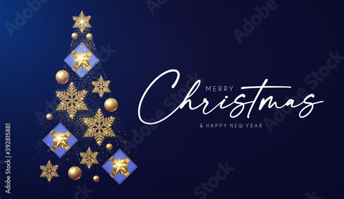 Christmas tree. Merry Christmas design template with gifts, glossy golden balls and elegant gold snowflakes