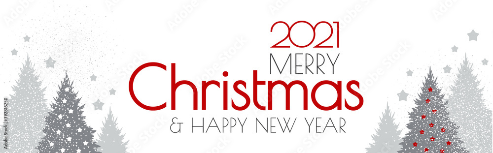 Happy New 2021 Year flyer design template. Elegant white card with Christmas trees. Coniferous forest Happy New 2021 Year flyer design template. Elegant white card with Christmas trees. Coniferous forest
