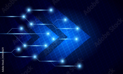 Abstract technology background with square pattern vector design, technology theme, dimensional dotted flow in perspective, big data, nanotechnology, blue tech background.