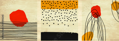 Set of abstract minimalist hand painted mid century retro art, vintage posters, illustrations with lines and shapes for wall art, posters, cards, brochure design.