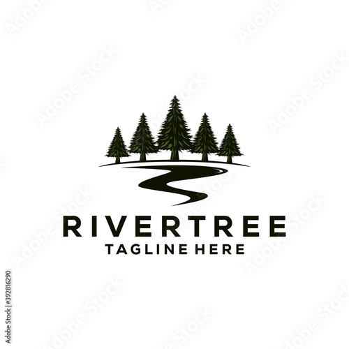 evergreen pine tree logo vintage with river creek vector emblem illustration design