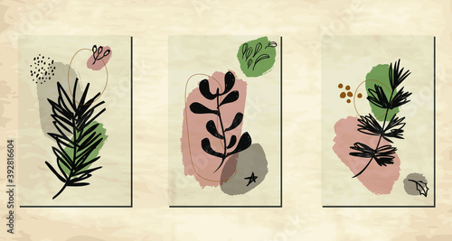 Christmas contemporary vintage botanical wall art decor. Abstract minimal plant art illustrations for print, cover, wallpaper, wall decor. New year and Christmas cards.