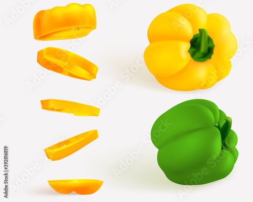 Hungarian pepper, realistic sweet papper. Capsicum habanero colorful paprika isolated on light background.