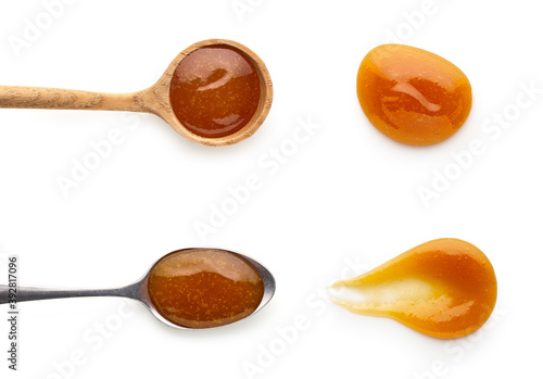 Sweet jam in spoons isolated on white background, set, top view