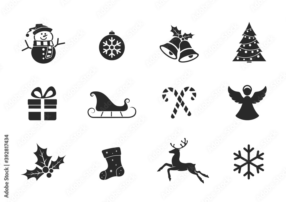 Christmas icon set. christmas ball and bells, mistletoe, gift, angel and deer, snowman, and snowflake icons Christmas icon set. christmas ball and bells, mistletoe, gift, angel and deer, snowman, and snowflake icons
