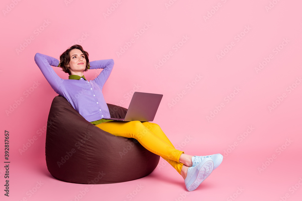Full size profile side photo of calm girl sit bean chair work laptop relax wear pants shirt isolated pastel color background Full size profile side photo of calm girl sit bean chair work laptop relax wear pants shirt isolated pastel color background