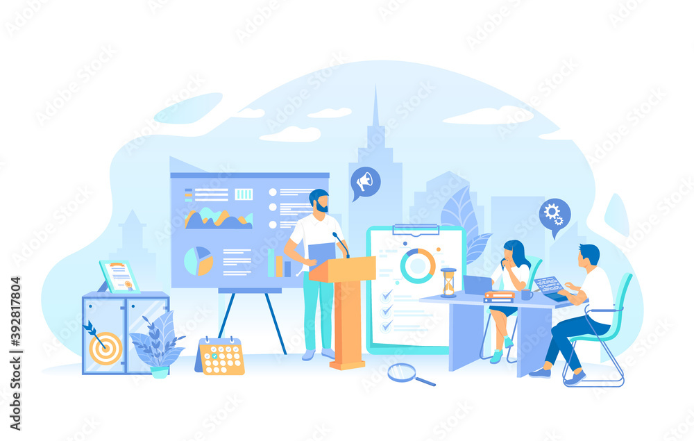 Man makes a report in front of a team. Business data reporting, consulting, analytics, credit report, accounting. Working process, teamwork communication. Vector illustration flat style.