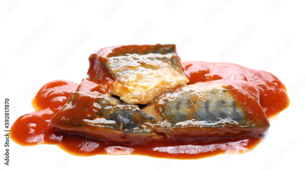 Mackerel fish in tomato sauce, organic seafood isolated on white background Mackerel fish in tomato sauce, organic seafood isolated on white background