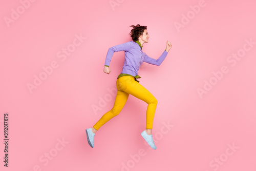 Full body profile side photo of girl jump run discounts wear purple sneakers isolated pastel color background