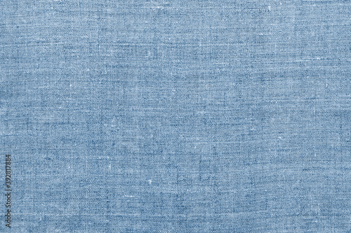 Blue linen fabric, background or texture, top view, close up, horizontal