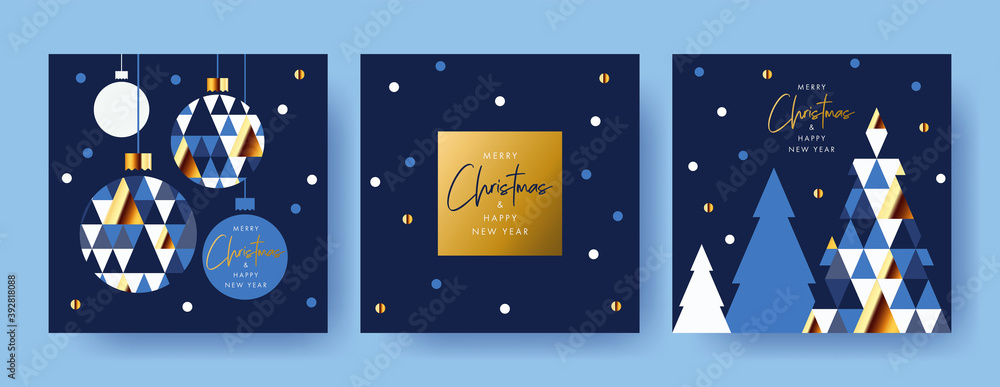 Naklejka premium Merry Christmas and Happy New Year Set of greeting cards, posters, holiday covers. Modern Xmas design with triangle firs pattern in blue, gold, white colors. Christmas tree, ball, decoration elements